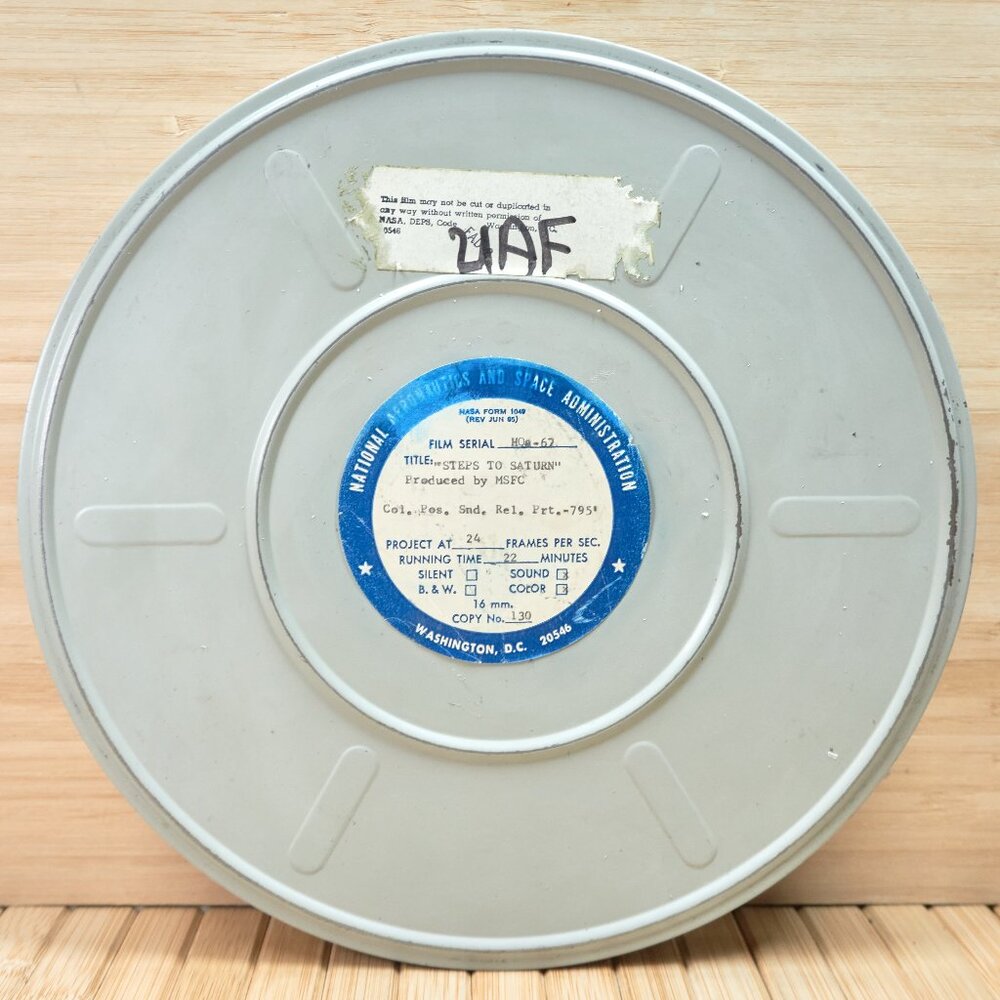 Vintage NASA " Steps to Saturn" 1962 Empty 16mm Film Metal Canister, No Reel